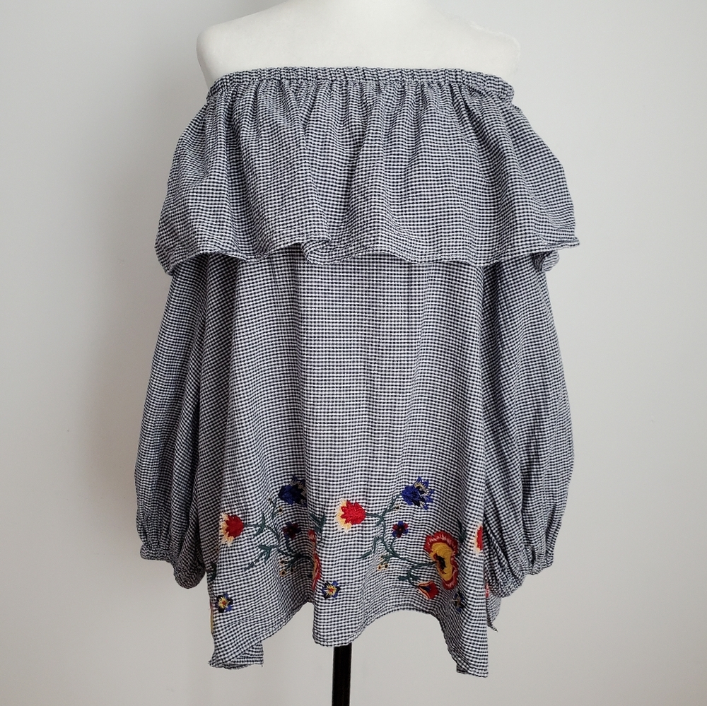 Zara Gingham Embroidered Top Size Small